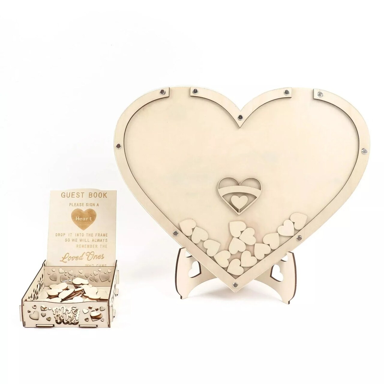 13" Natural Wooden Heart Drop Top Frame Wedding Guest Book Sign Set Party Event